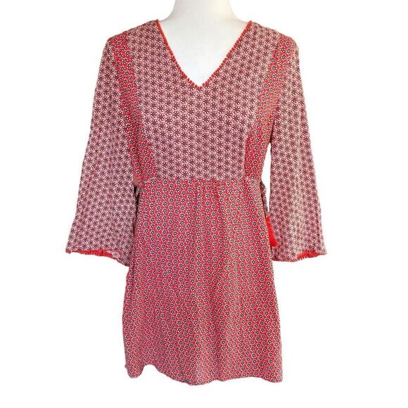 BODEN Sasha Kaftan Red 10R Peasant Dress Boho Hippie Mini Floral Print Tassels - Picture 1 of 12